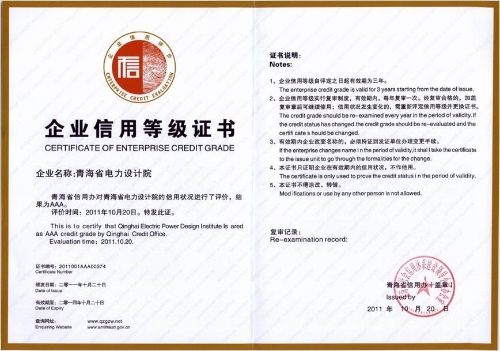 2011年获得青海省信用办对青海省电力设计院的信用评价为AAA