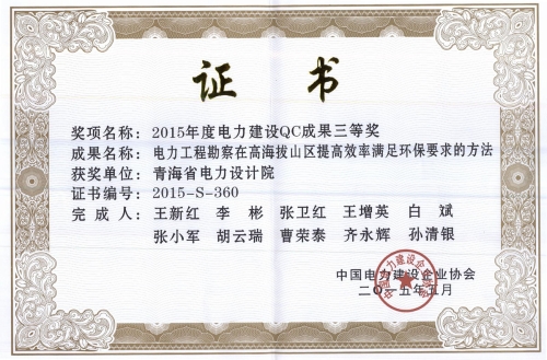 2015年度电力建设QC成果三等奖