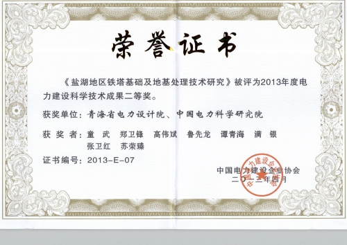 2013年度电力建设科学技术成果二等奖